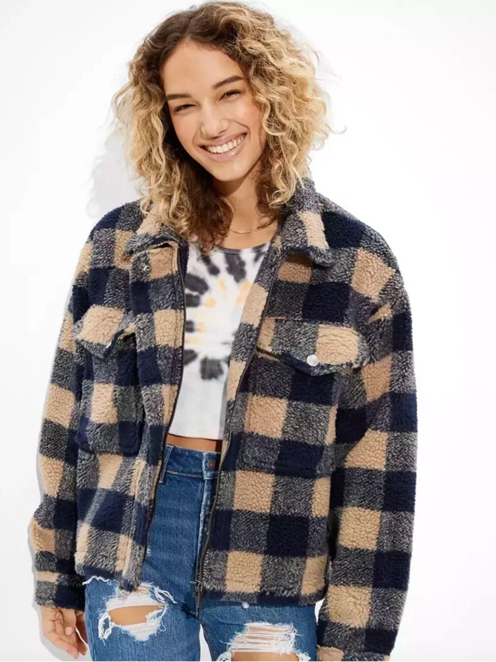 American Eagle Sherpa Plaid Zip Jacket Medium Navy Tan Buffalo Check Fleece